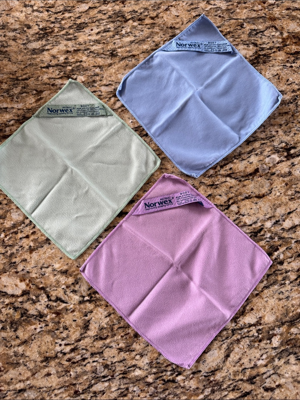 Norwex Three-Pack Microfiber Body Cloths -purple, blue, green 7.5” x 7.5”